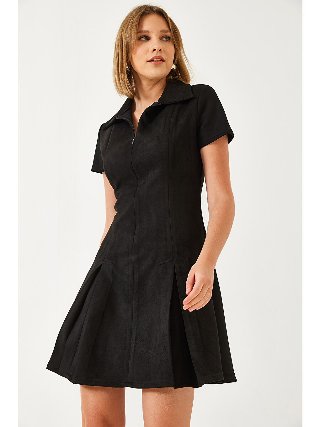 Siyah Kadın Polo Yaka Pileli Süet Elbise-4