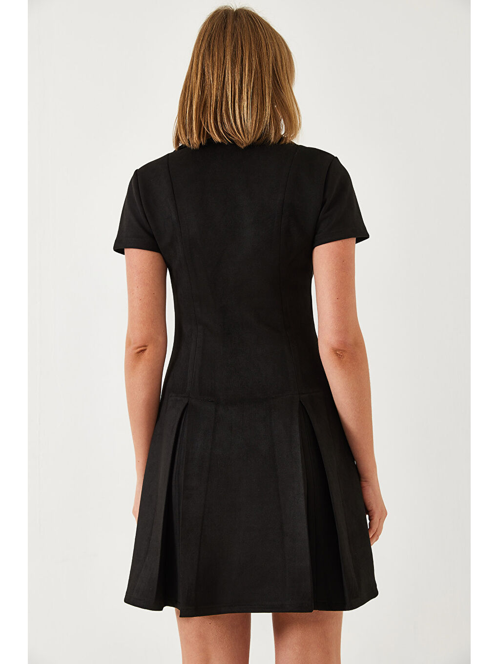 Siyah Kadın Polo Yaka Pileli Süet Elbise-6