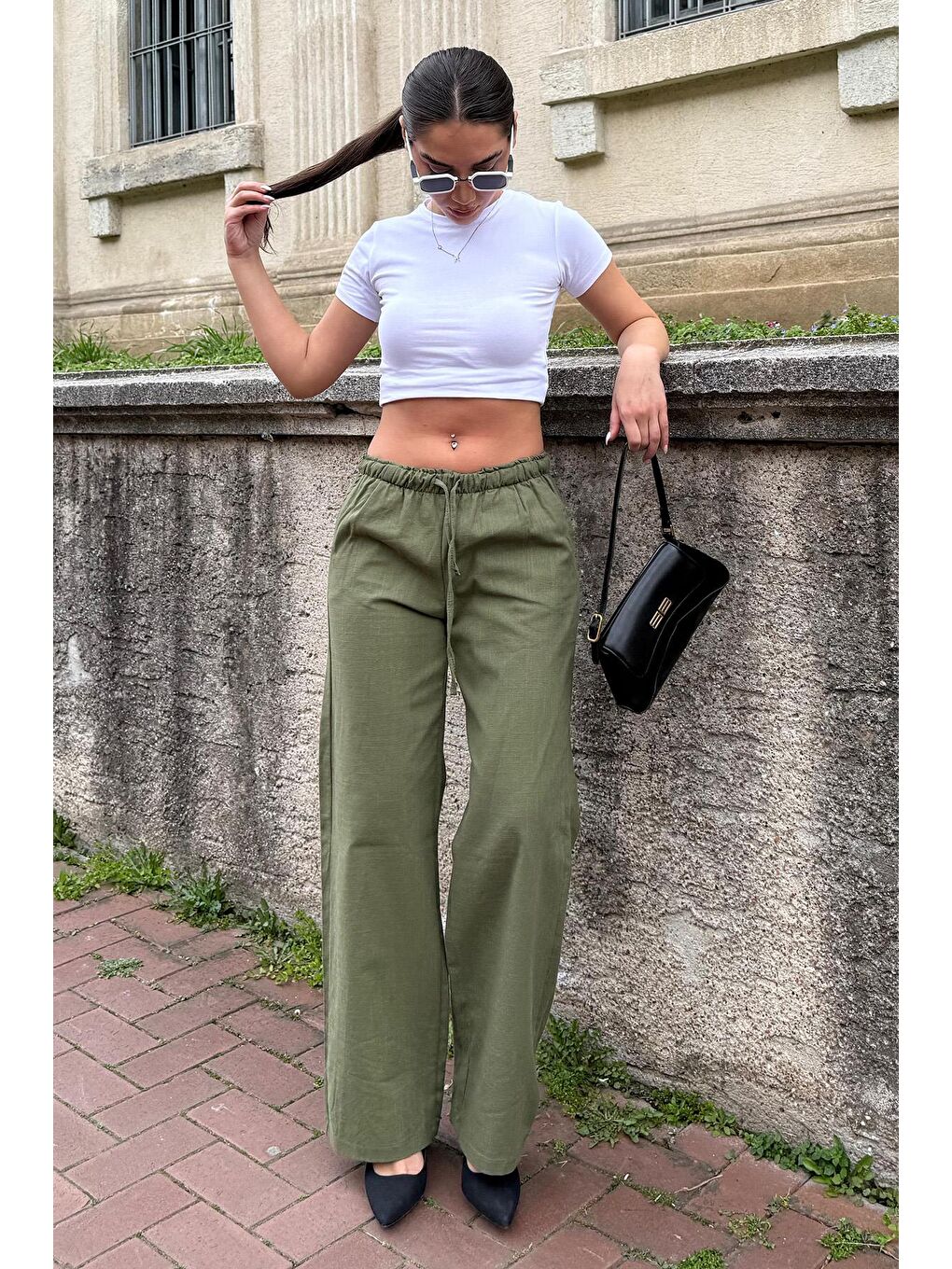 Haki Beli Büzgülü Wide Leg Kumaş Pantolon Mg1950-1