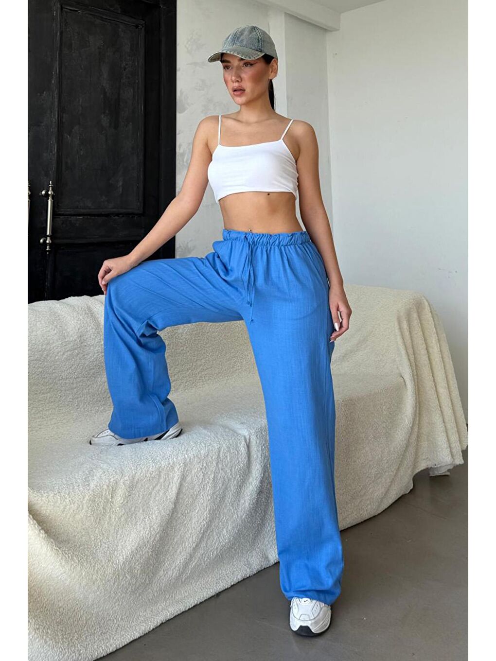 Mavi Saks Beli Büzgülü Wide Leg Kumaş Pantolon Mg1950