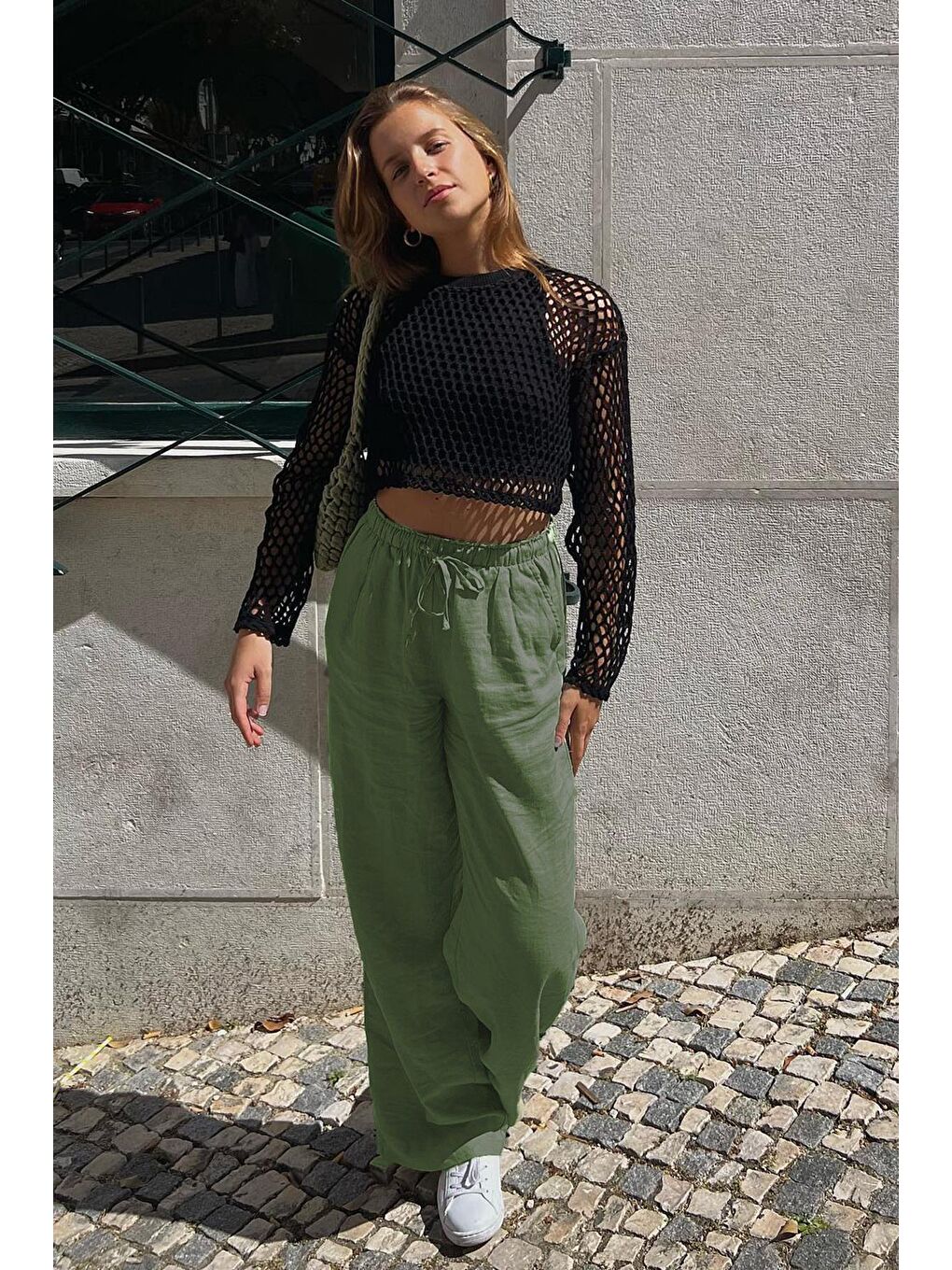 Haki Beli Büzgülü Wide Leg Kumaş Pantolon Mg1950-2