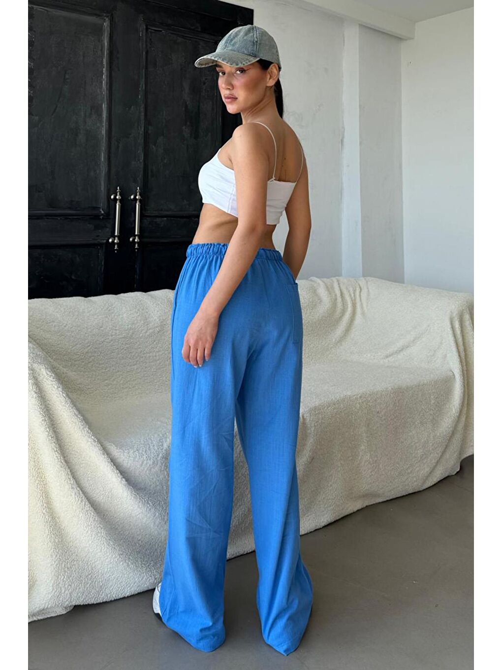 Mavi Saks Beli Büzgülü Wide Leg Kumaş Pantolon Mg1950-1