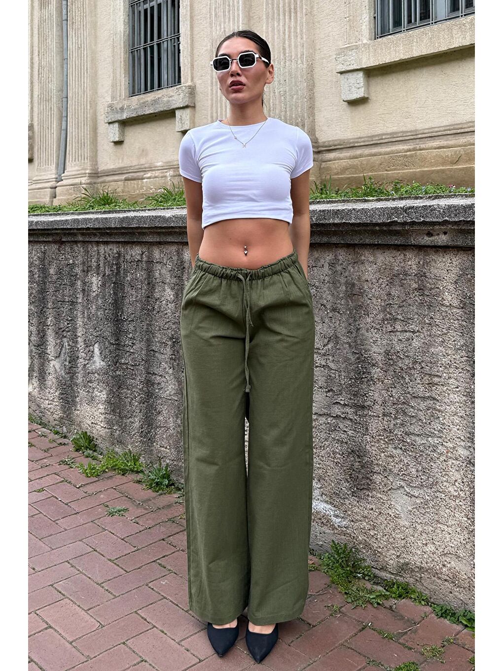 Haki Beli Büzgülü Wide Leg Kumaş Pantolon Mg1950-3