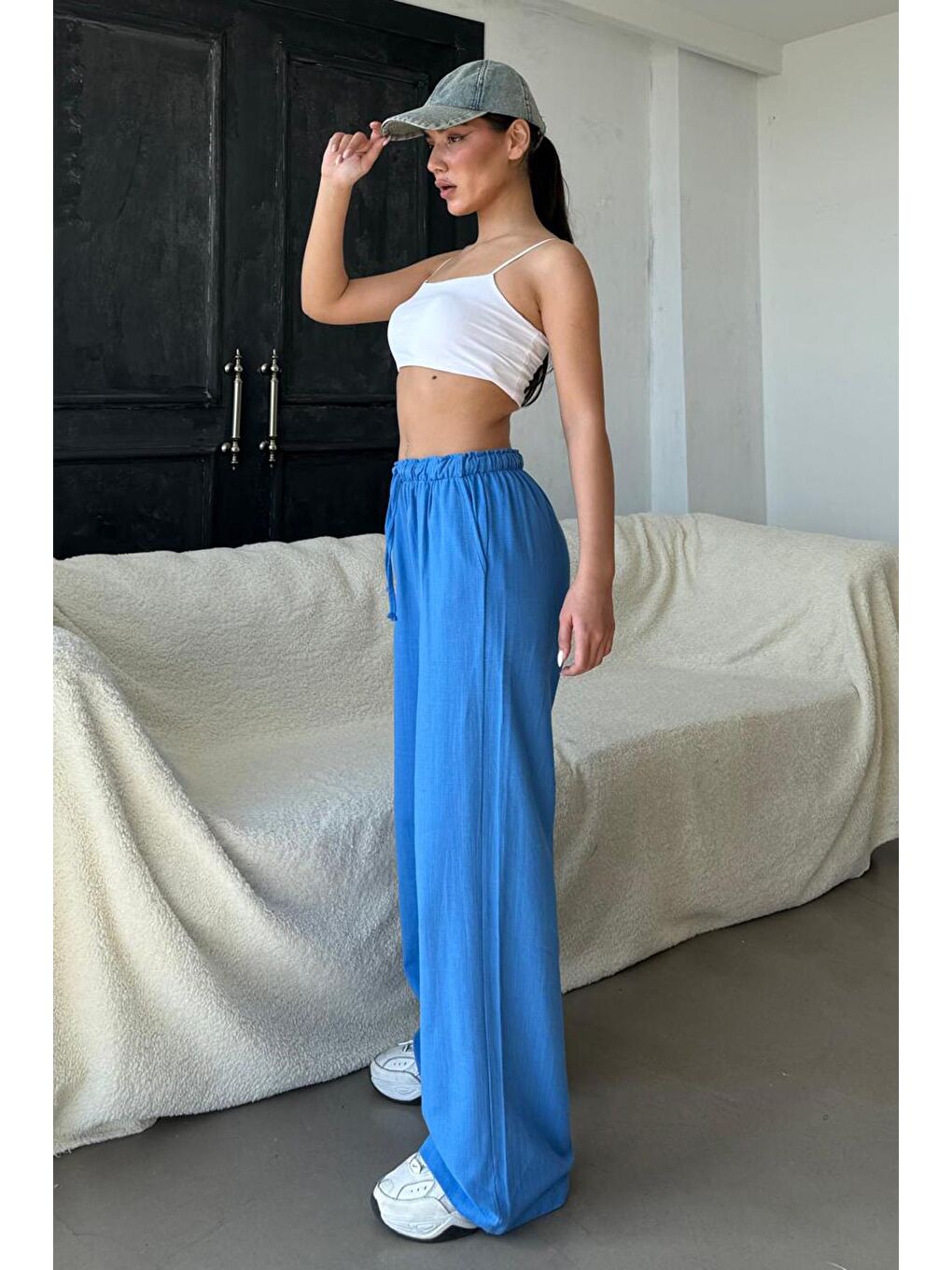 Mavi Saks Beli Büzgülü Wide Leg Kumaş Pantolon Mg1950-2