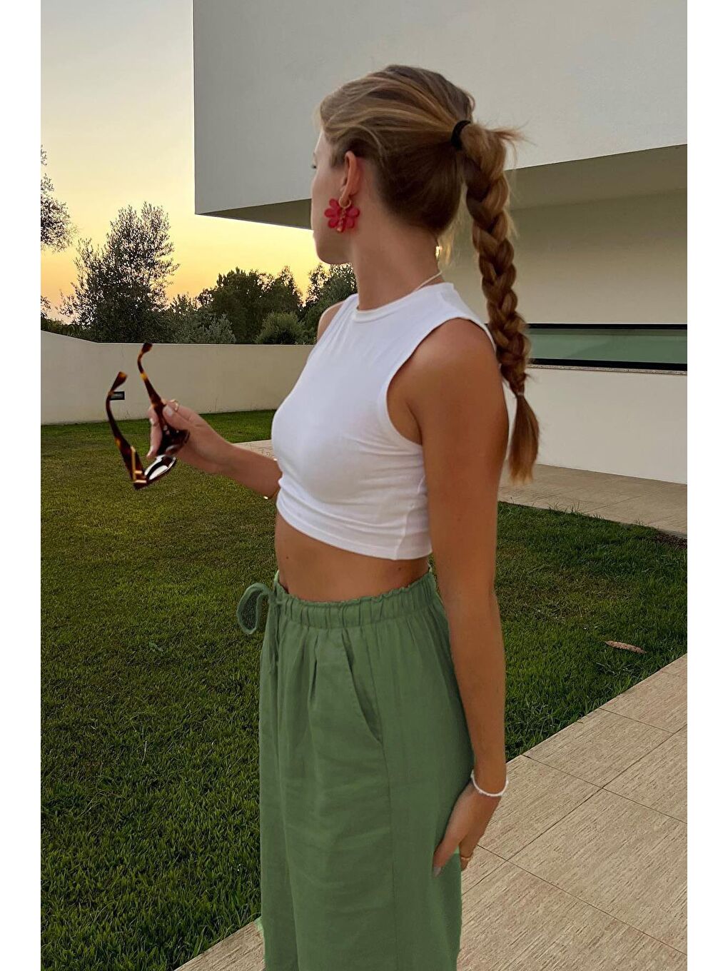 Haki Beli Büzgülü Wide Leg Kumaş Pantolon Mg1950-4