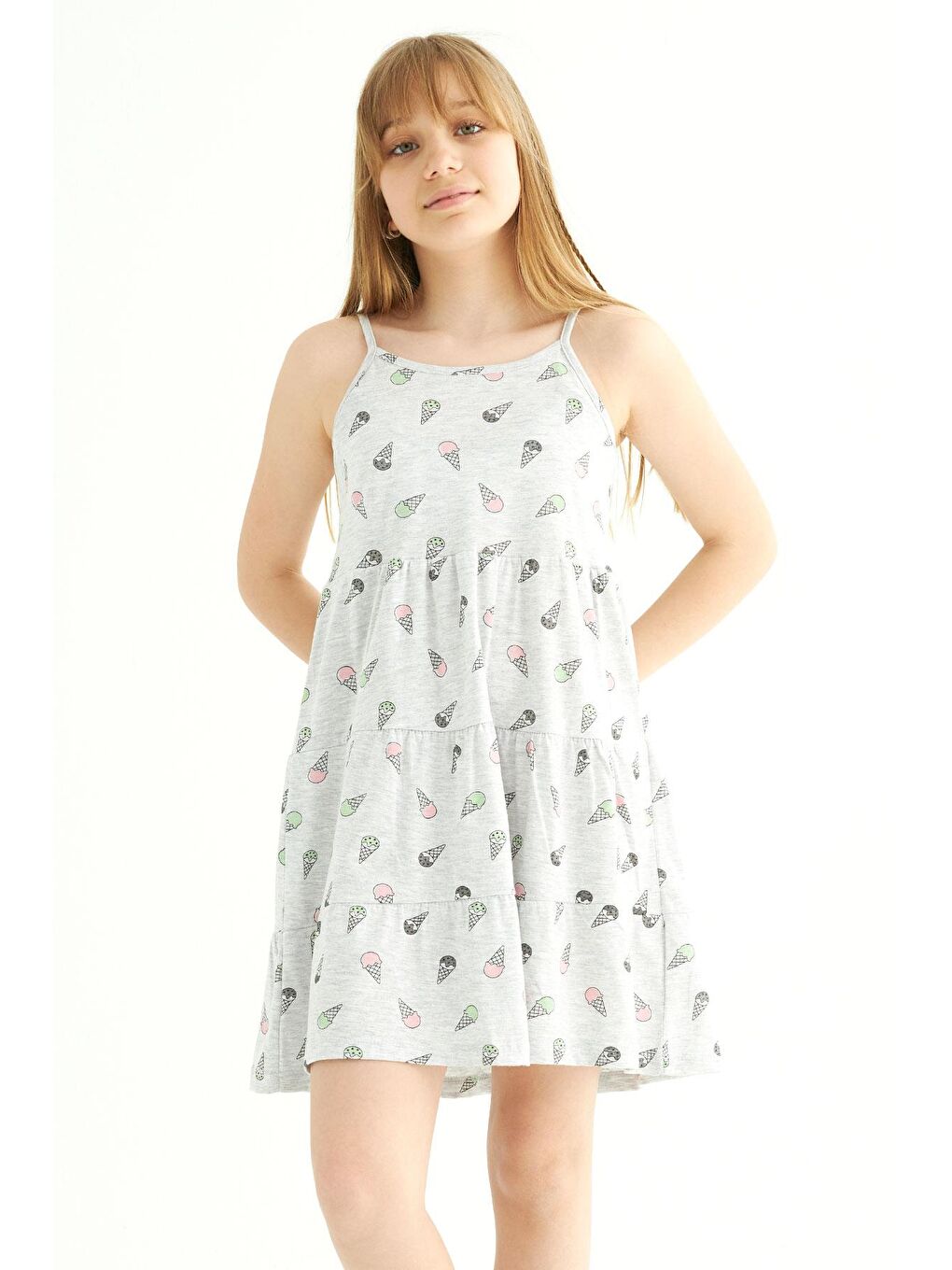 Askılı Dondurma Baskı- Grimelanj Renk Kız Çocuk Elbise-1