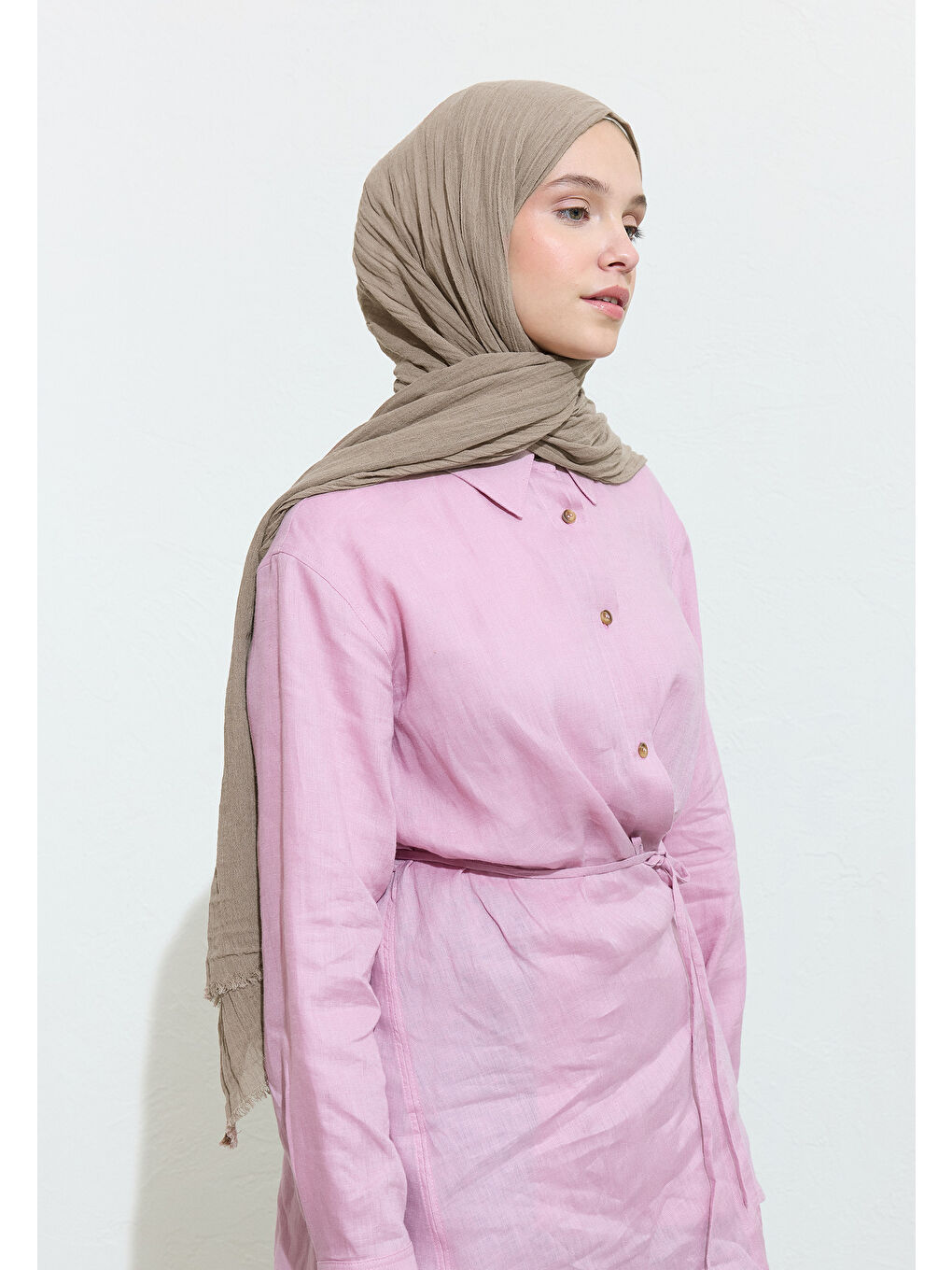 Bej PAMUKLU KETEN ŞAL FLAT WHITE-2