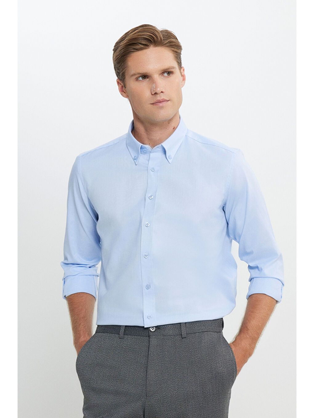 Erkek Mavi %100 Pamuk Slim Fit Dar Kesim Düğmeli Yaka Oxford Gömlek