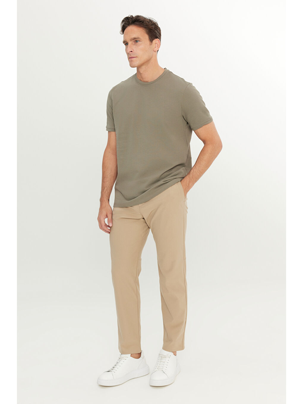 Erkek Haki %100 Pamuk Slim Fit Dar Kesim Bisiklet Yaka Tişört-1