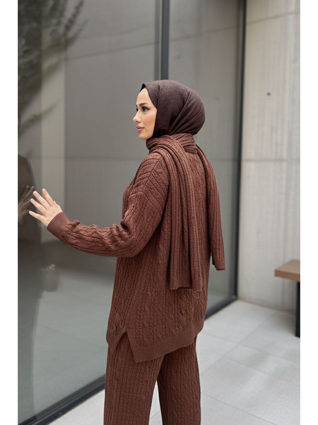 Kahverengi Saç Örgülü Atkılı Tunik Pantolon Tesettür Triko Üçlü Takım-10