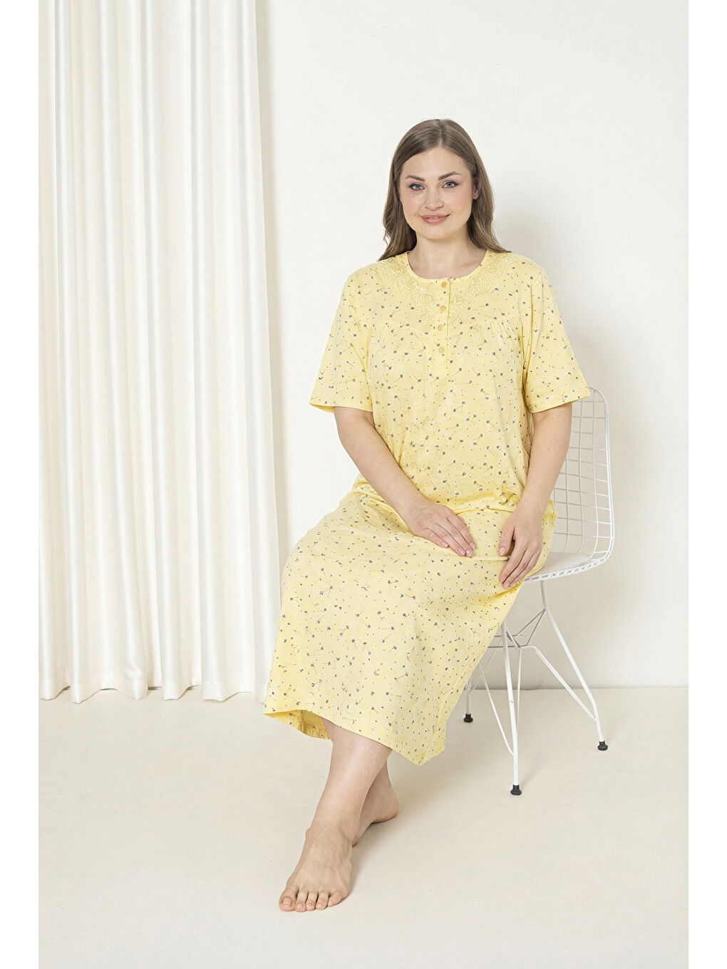 Sarı %100 Pamuklu Kısa Kollu Büyük Beden Anne Geceliği 586-3