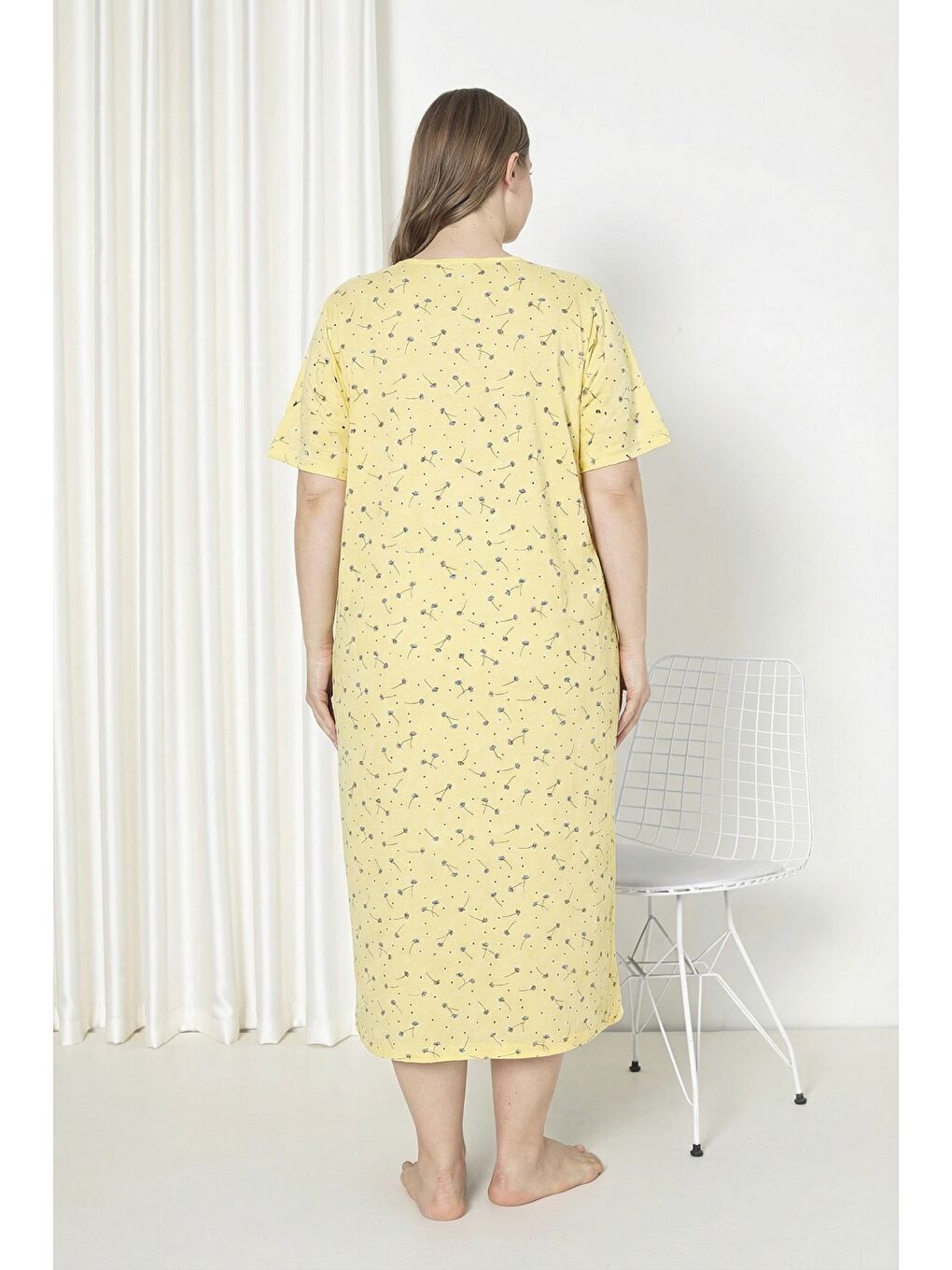 Sarı %100 Pamuklu Kısa Kollu Büyük Beden Anne Geceliği 586-4