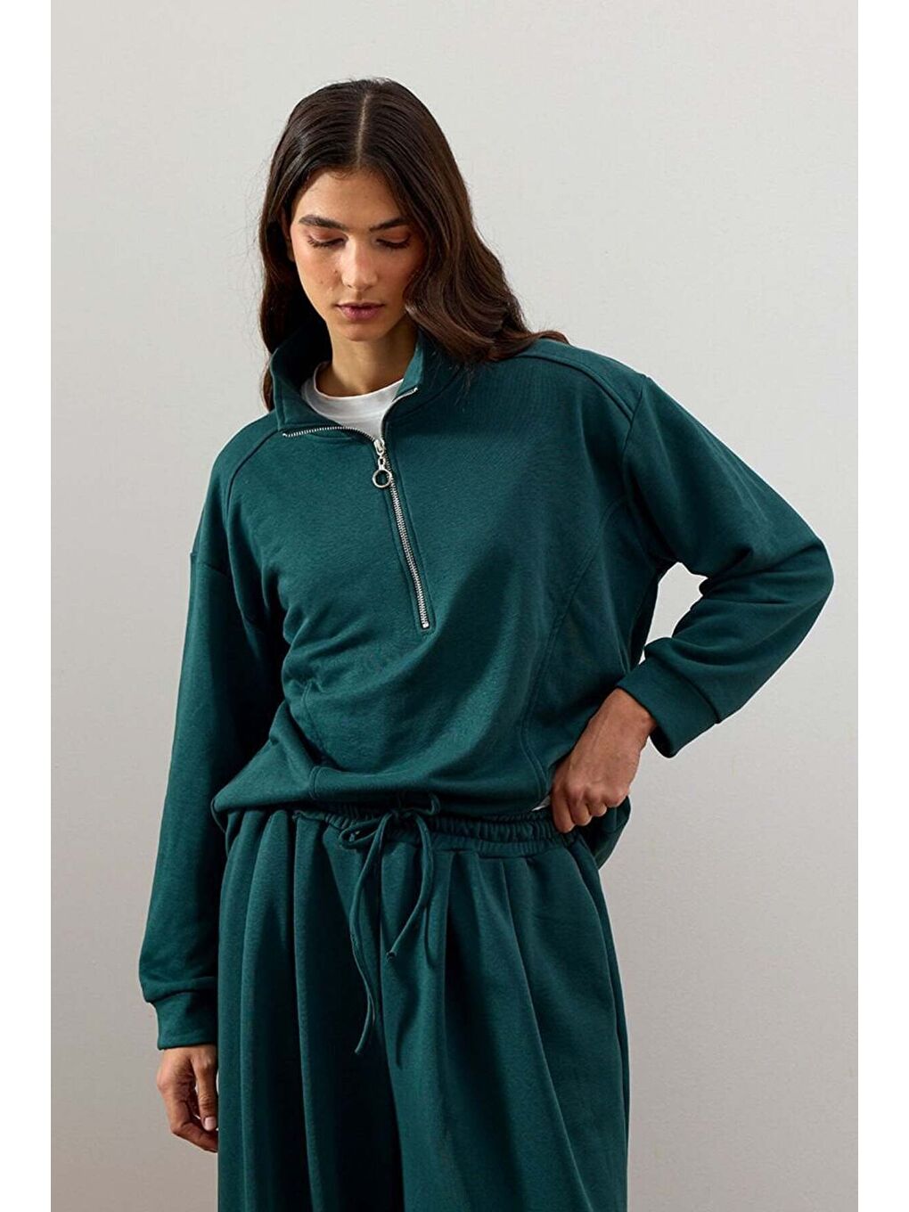 Yeşil Zümrüt 3 İplik Yarım Fermuarlı Sweat