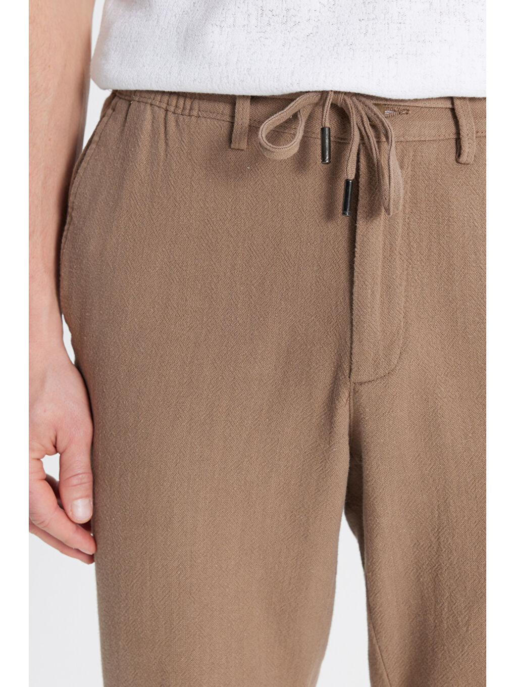 Erkek Kahverengi Keten Slim Fit Beli Bağlamalı Yan Cepli Casual Pantolon-3