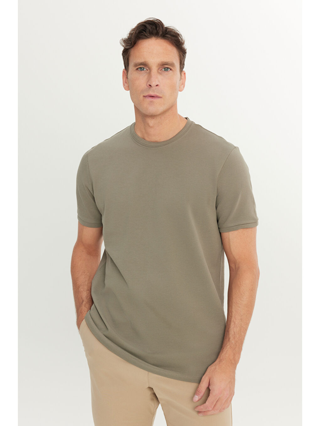 Erkek Haki %100 Pamuk Slim Fit Dar Kesim Bisiklet Yaka Tişört-2