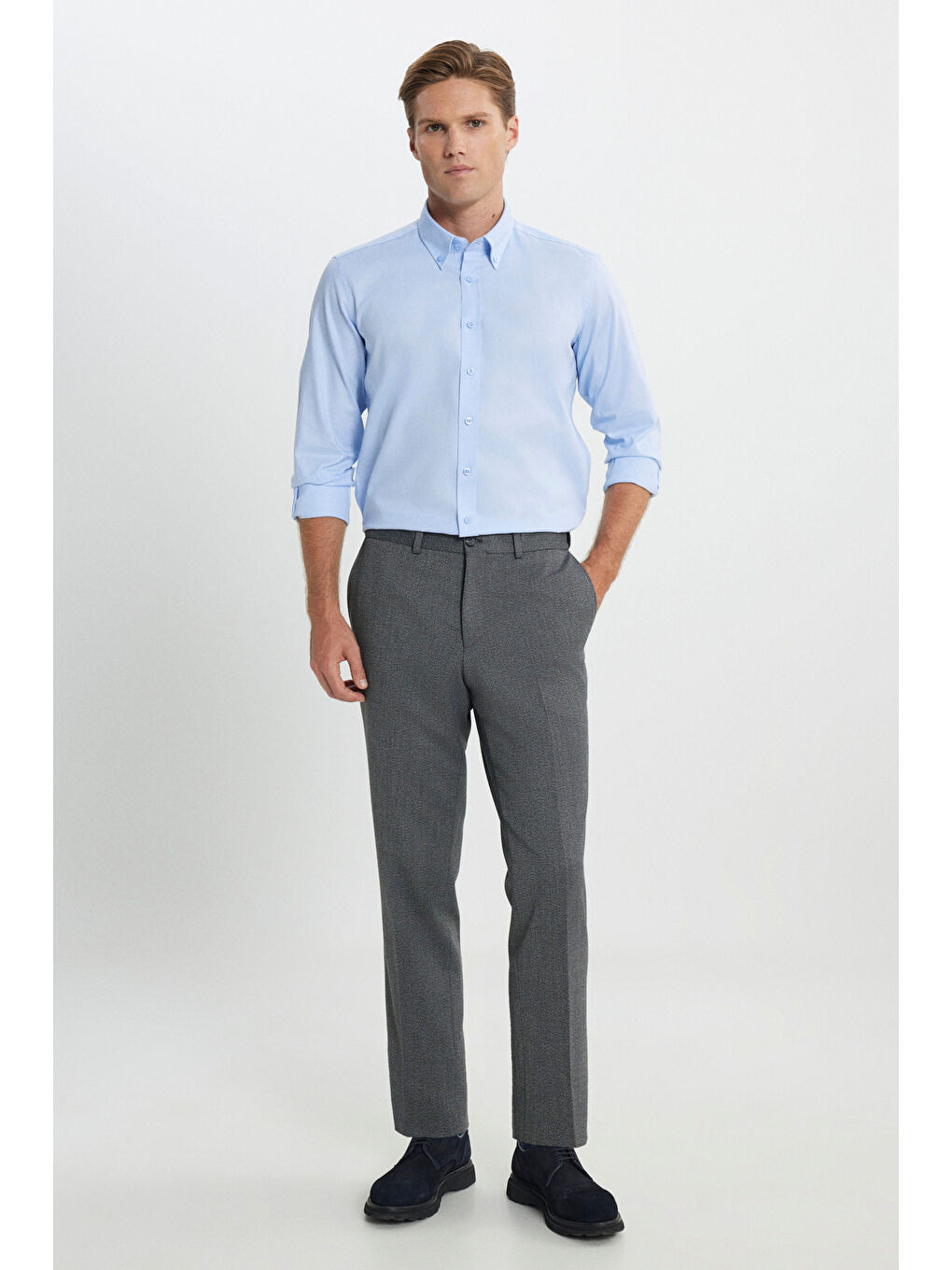 Erkek Mavi %100 Pamuk Slim Fit Dar Kesim Düğmeli Yaka Oxford Gömlek-1