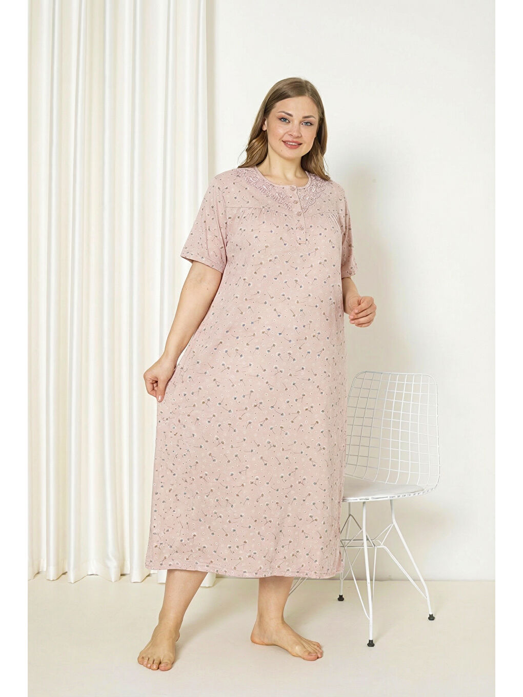 Pembe %100 Pamuklu Kısa Kollu Büyük Beden Anne Geceliği 586-3