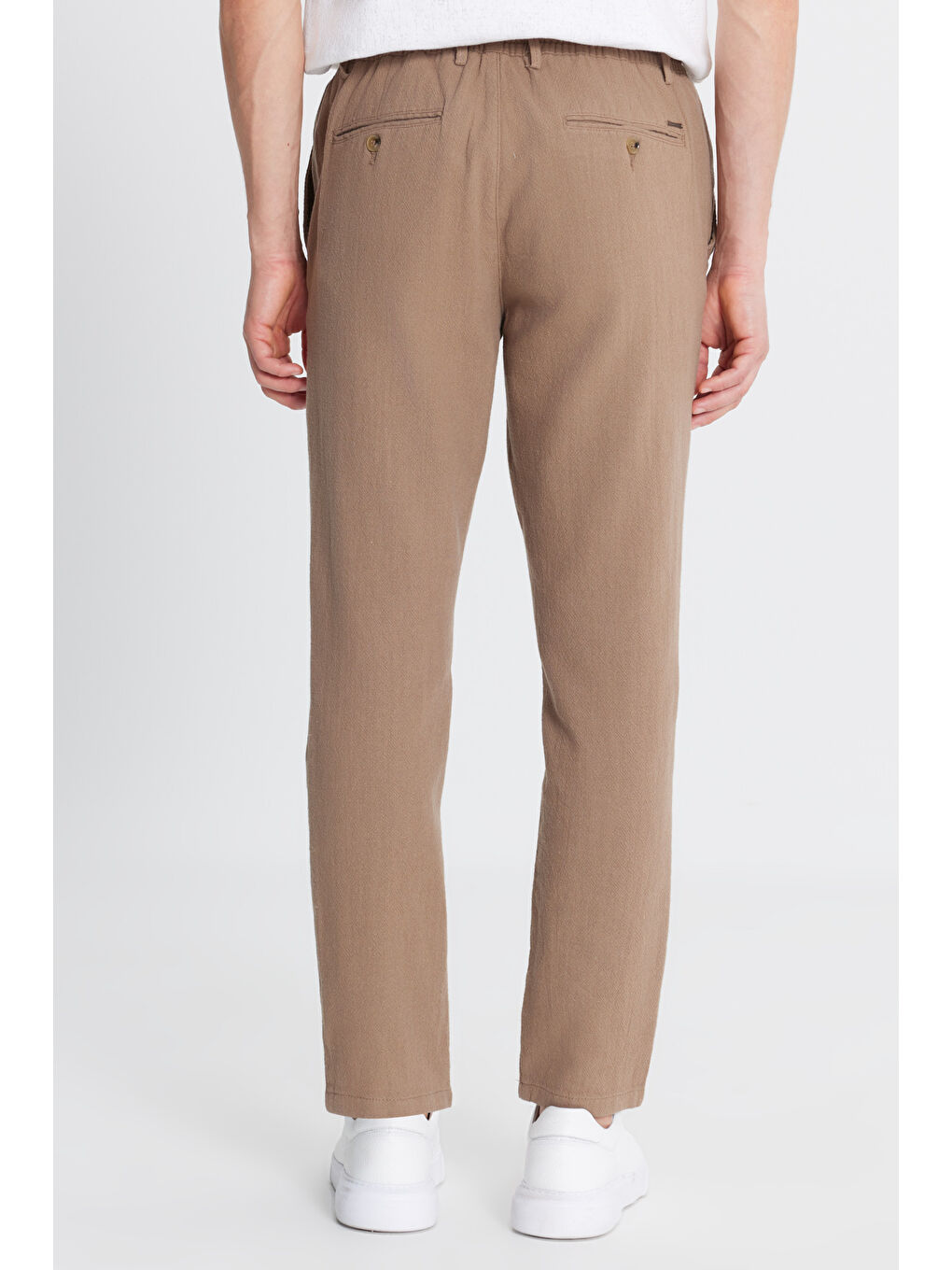 Erkek Kahverengi Keten Slim Fit Beli Bağlamalı Yan Cepli Casual Pantolon-4