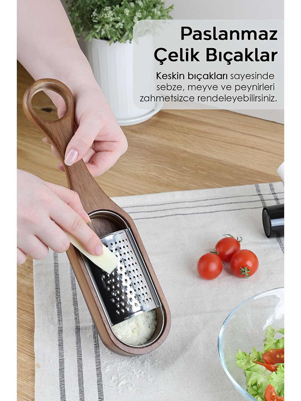 Kahverengi Akasya Saplı Hazneli Rende Peynir Limon Zencefil Sarımsak Rendesi El Rendesi-3