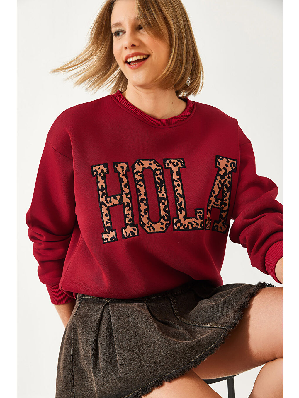 Bordo Kadın Leopar Nakışlı Üç İplik Şardonlu Sweatshirt