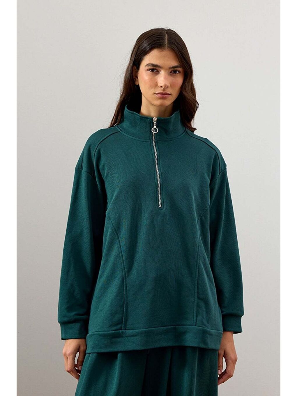 Yeşil Zümrüt 3 İplik Yarım Fermuarlı Sweat-1