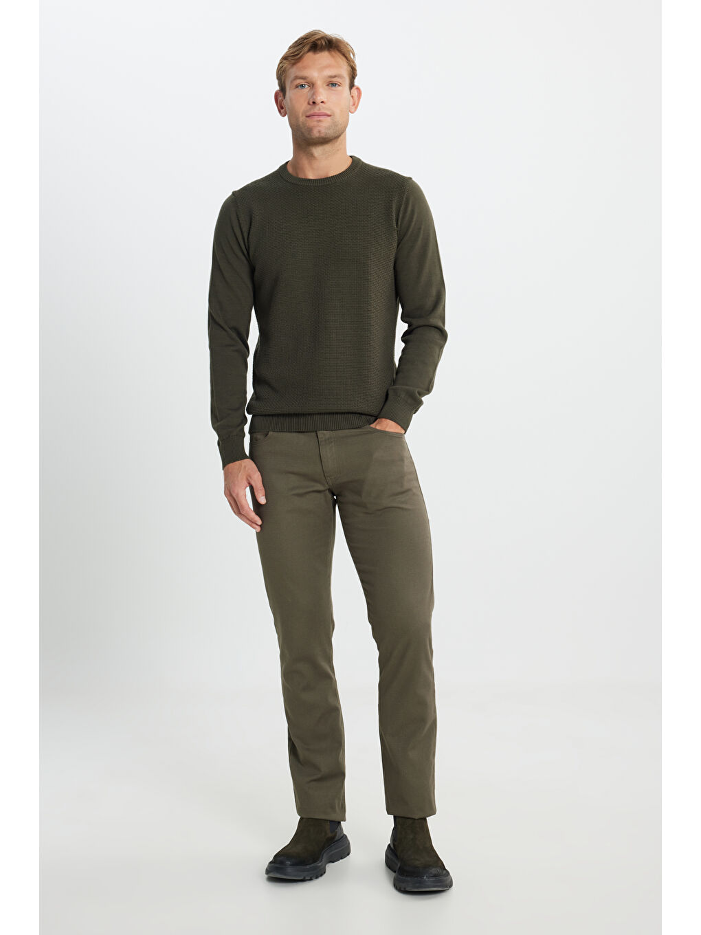 Erkek Haki Pamuklu Standart Fit Normal Kesim Bisiklet Yaka Jakarlı Triko Kazak-1