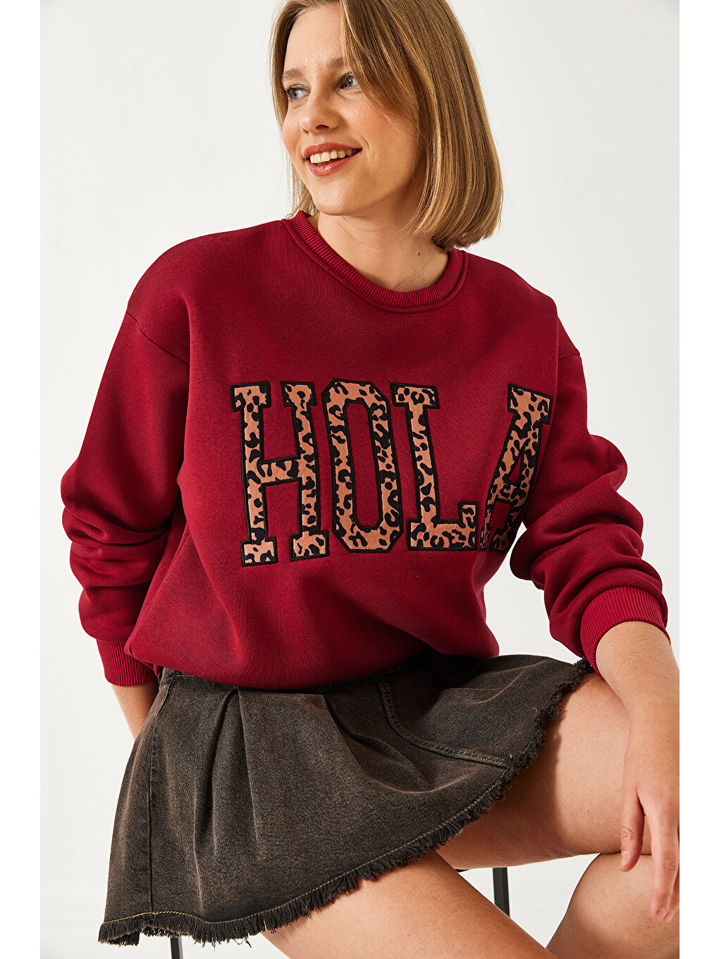 Bordo Kadın Leopar Nakışlı Üç İplik Şardonlu Sweatshirt-1