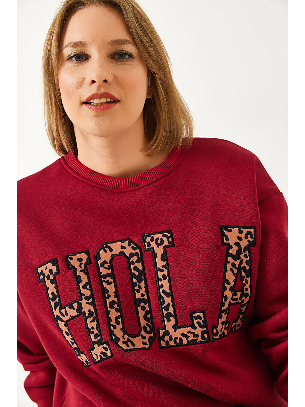 Bordo Kadın Leopar Nakışlı Üç İplik Şardonlu Sweatshirt-2