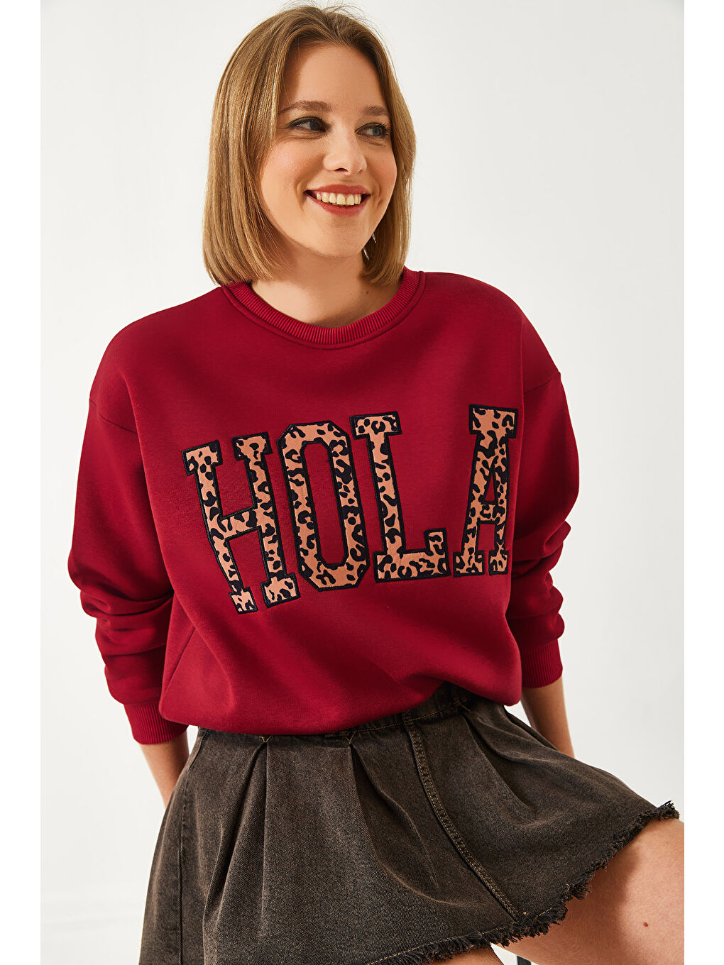 Bordo Kadın Leopar Nakışlı Üç İplik Şardonlu Sweatshirt-3