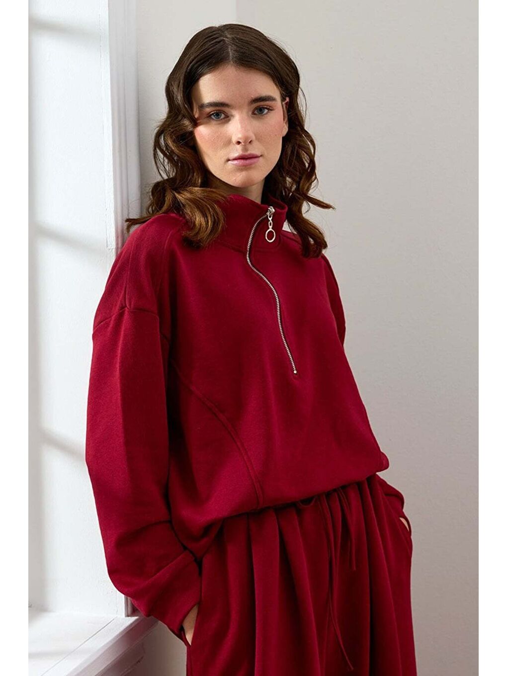Bordo 3 İplik Yarım Fermuarlı Sweat