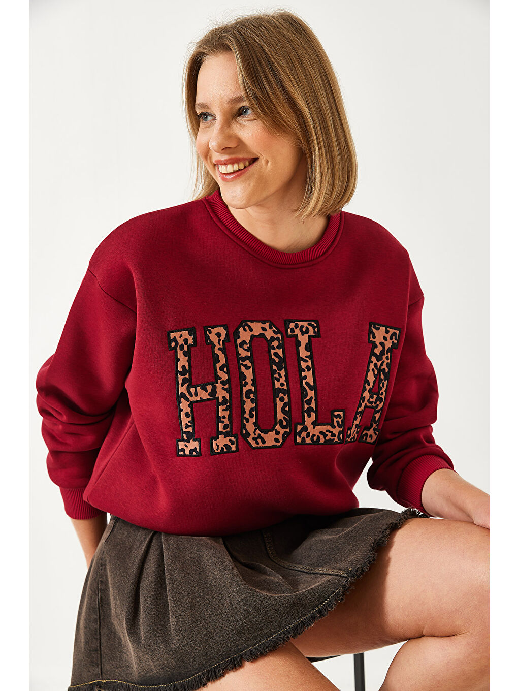 Bordo Kadın Leopar Nakışlı Üç İplik Şardonlu Sweatshirt-5