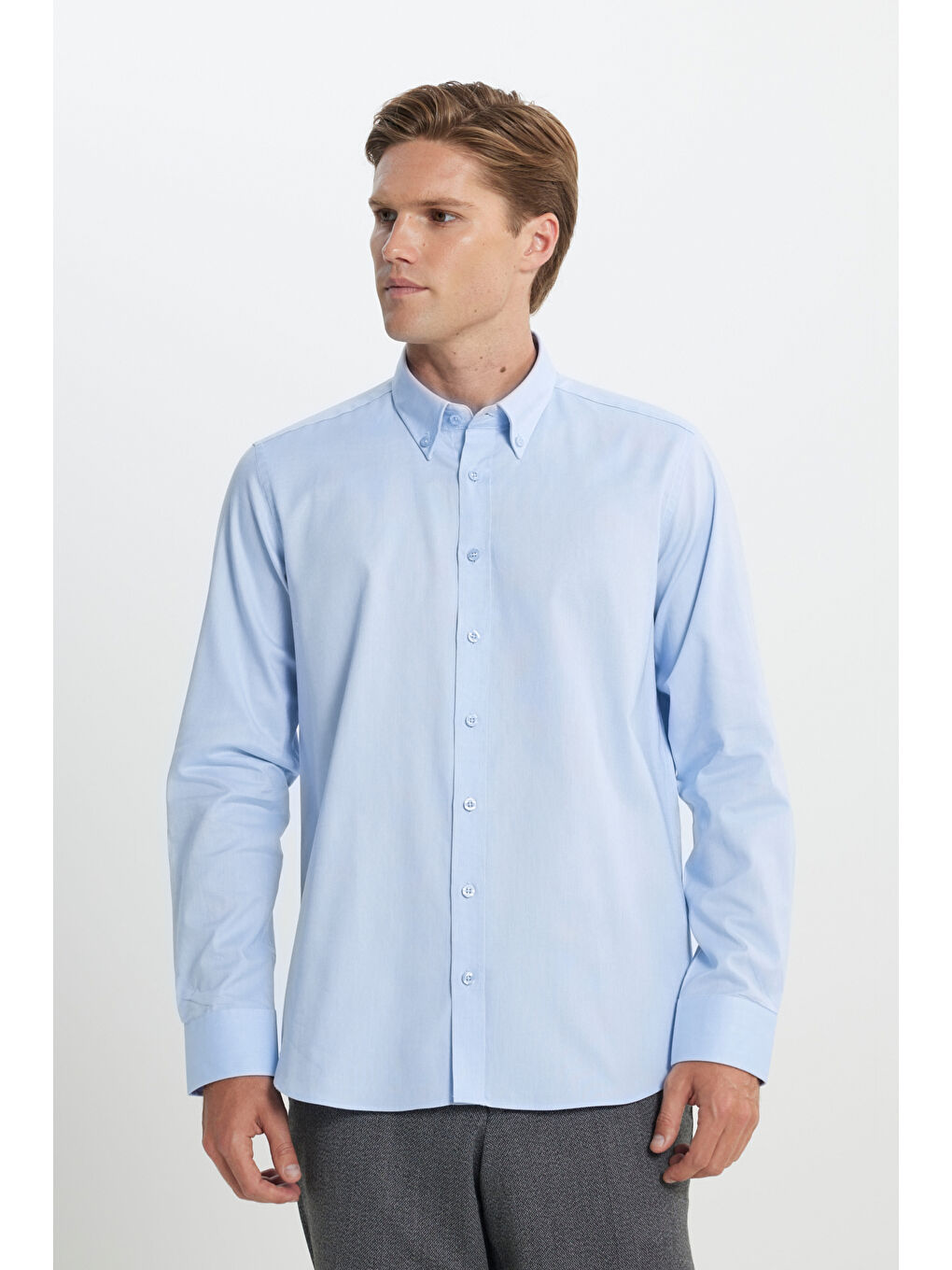 Erkek Mavi %100 Pamuk Slim Fit Dar Kesim Düğmeli Yaka Oxford Gömlek-2