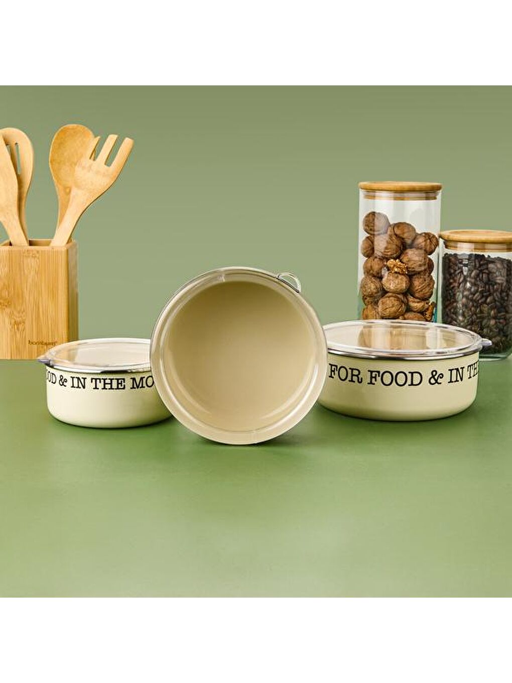Ekru 3'lü Emaye Saklama Kabı - Krem-3