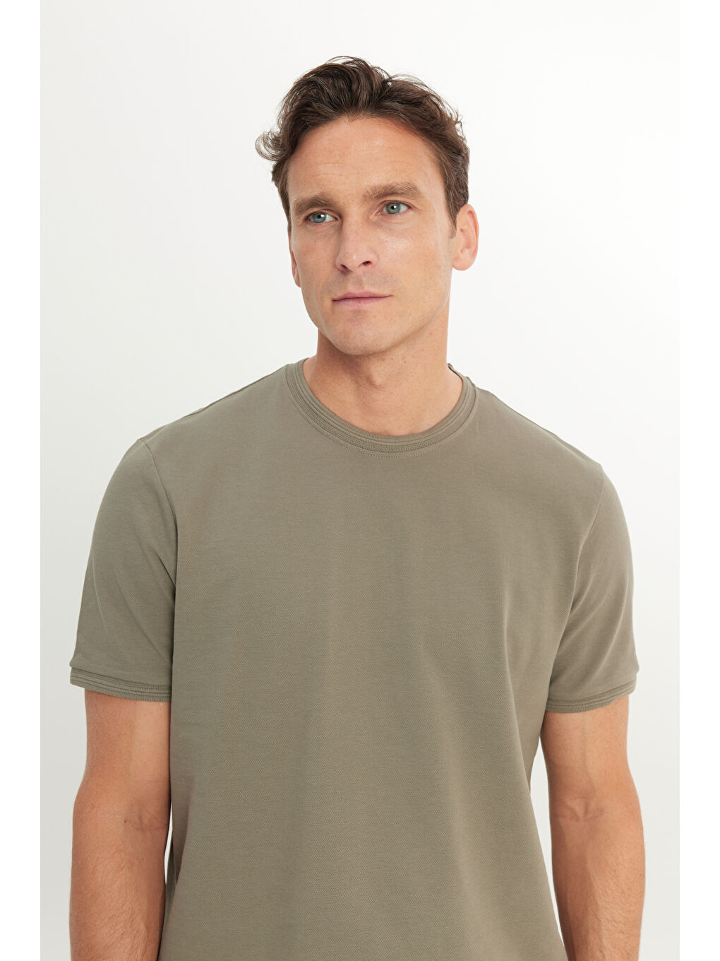 Erkek Haki %100 Pamuk Slim Fit Dar Kesim Bisiklet Yaka Tişört-3