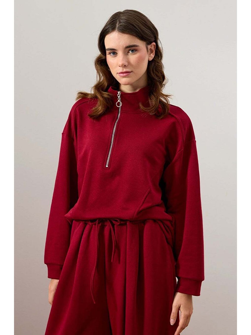 Bordo 3 İplik Yarım Fermuarlı Sweat-1