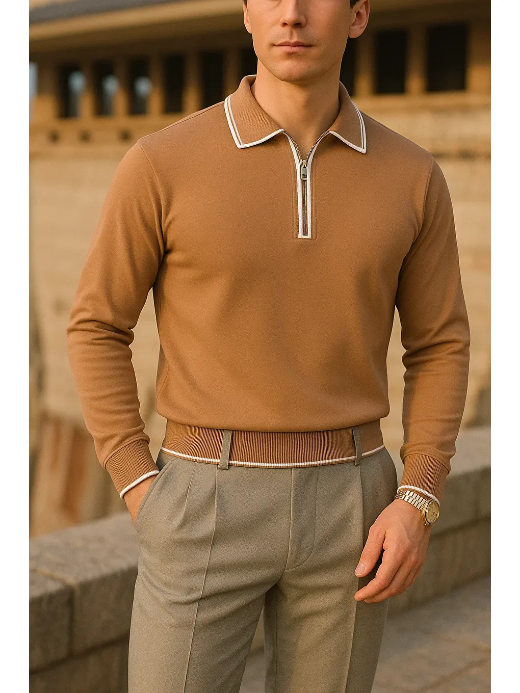 Kahverengi Erkek Çizgili Trend Uzun Kollu Kahve Polo Yaka Kazak