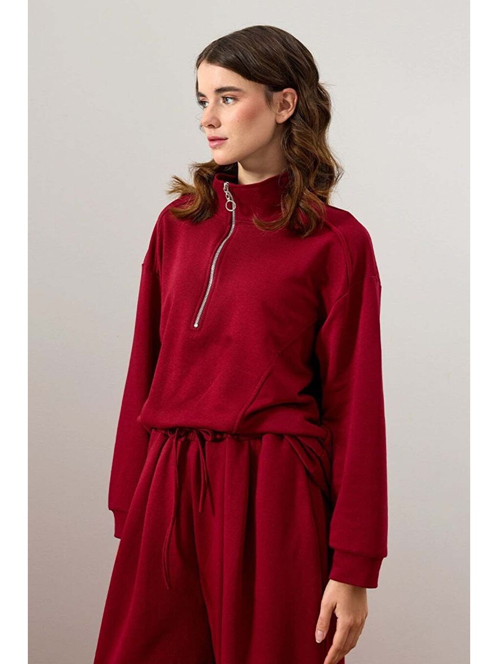 Bordo 3 İplik Yarım Fermuarlı Sweat-2