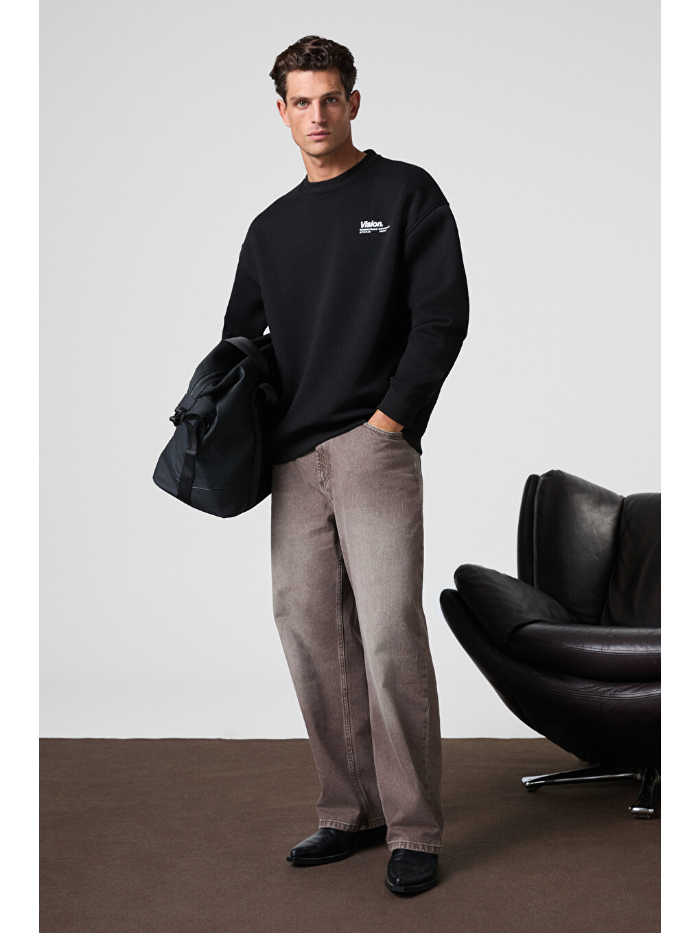 Siyah Ernest Erkek Organik Pamuklu Yumuşacık Baskı Detaylı Bisiklet Yaka İçi Polarlı SİYAH Sweatshirt-2