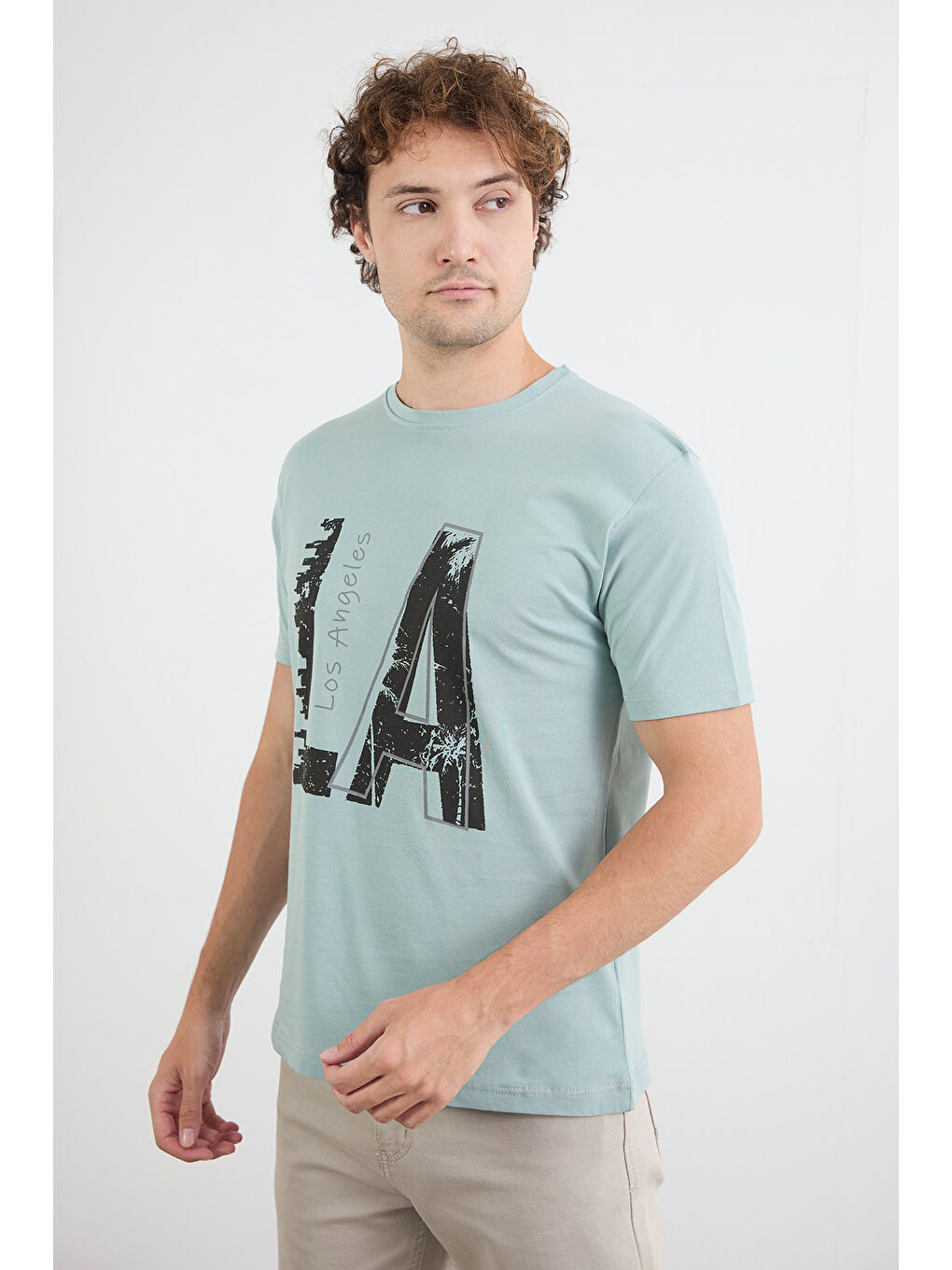 Yeşil Los Angeles Yazı Baskılı Bisiklet Yaka Tişört-2