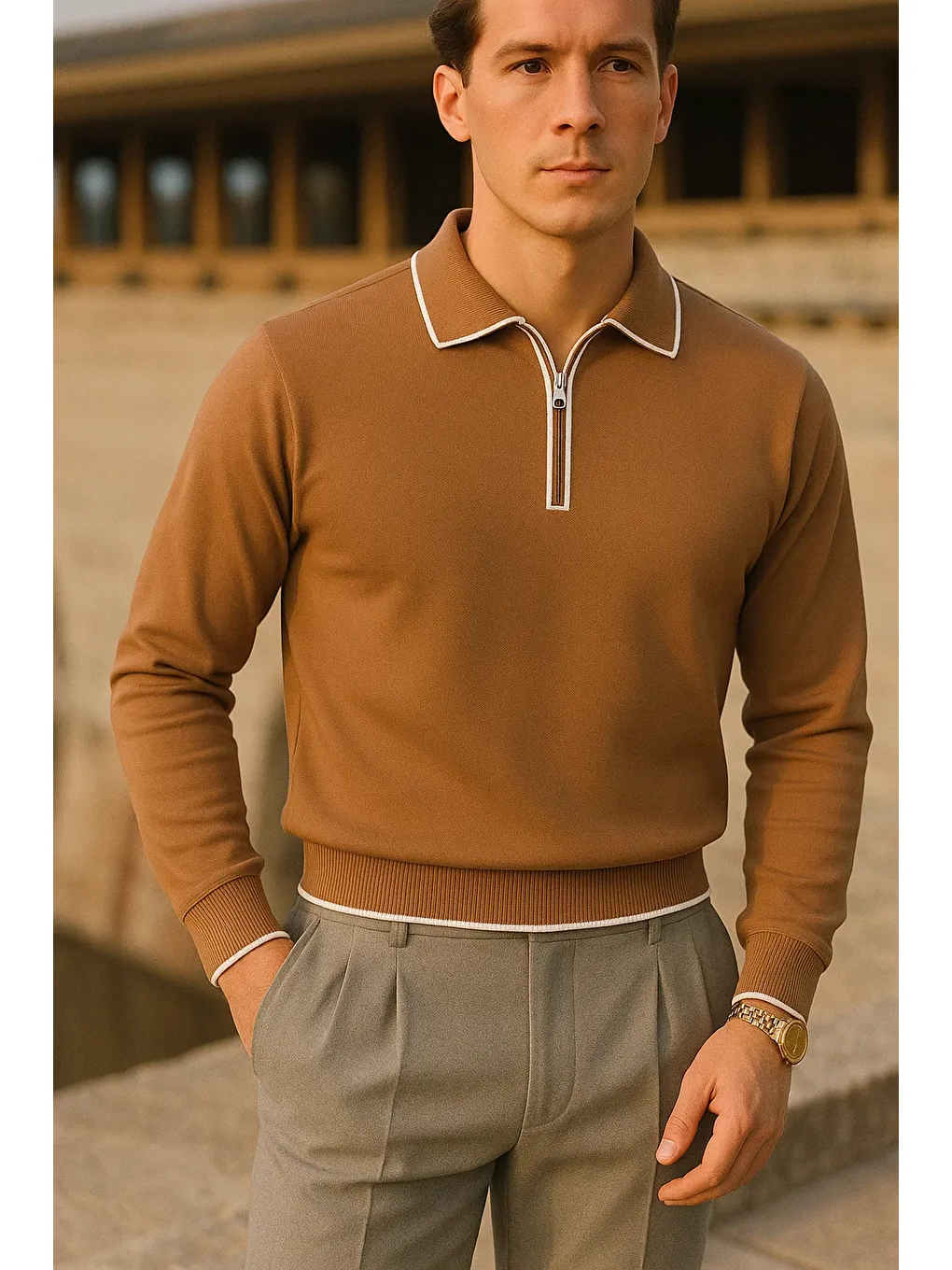 Kahverengi Erkek Çizgili Trend Uzun Kollu Kahve Polo Yaka Kazak-1