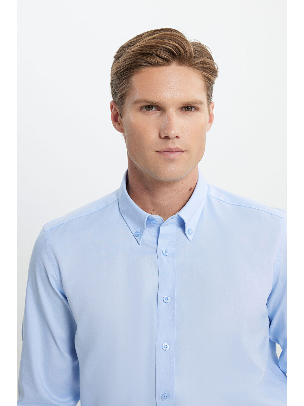 Erkek Mavi %100 Pamuk Slim Fit Dar Kesim Düğmeli Yaka Oxford Gömlek-3