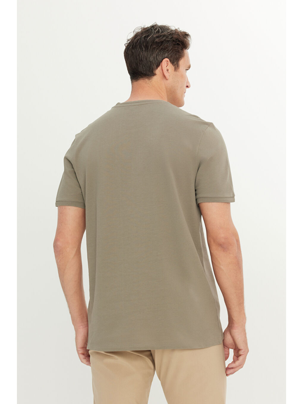 Erkek Haki %100 Pamuk Slim Fit Dar Kesim Bisiklet Yaka Tişört-4