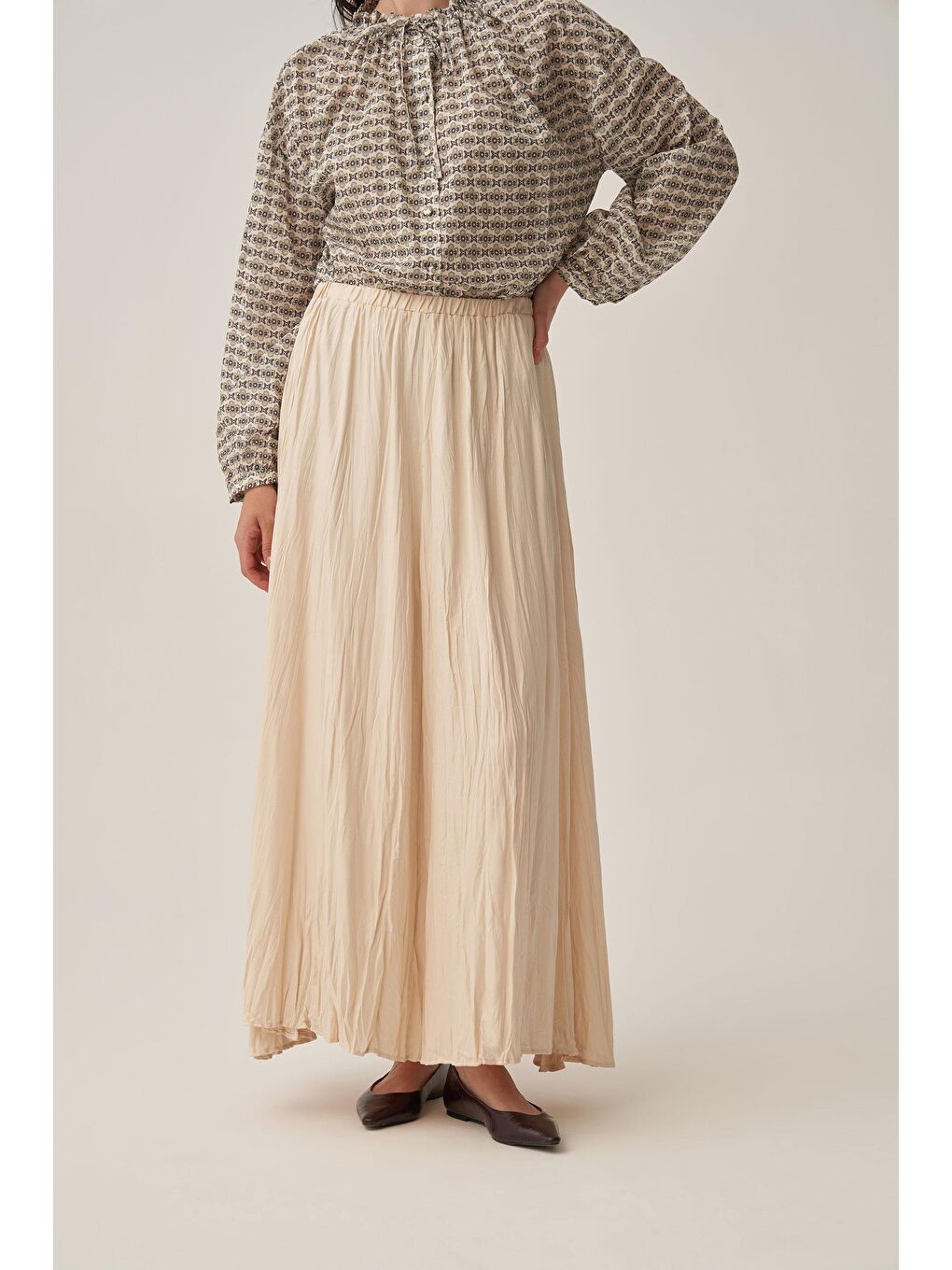 Ekru-Kraşlı Lastikli Basic Etek-3