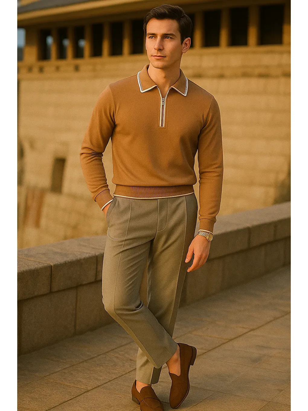 Kahverengi Erkek Çizgili Trend Uzun Kollu Kahve Polo Yaka Kazak-2