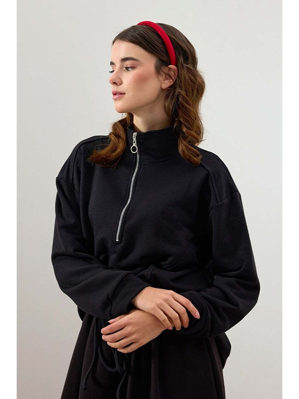 Siyah 3 İplik Yarım Fermuarlı Sweat-2
