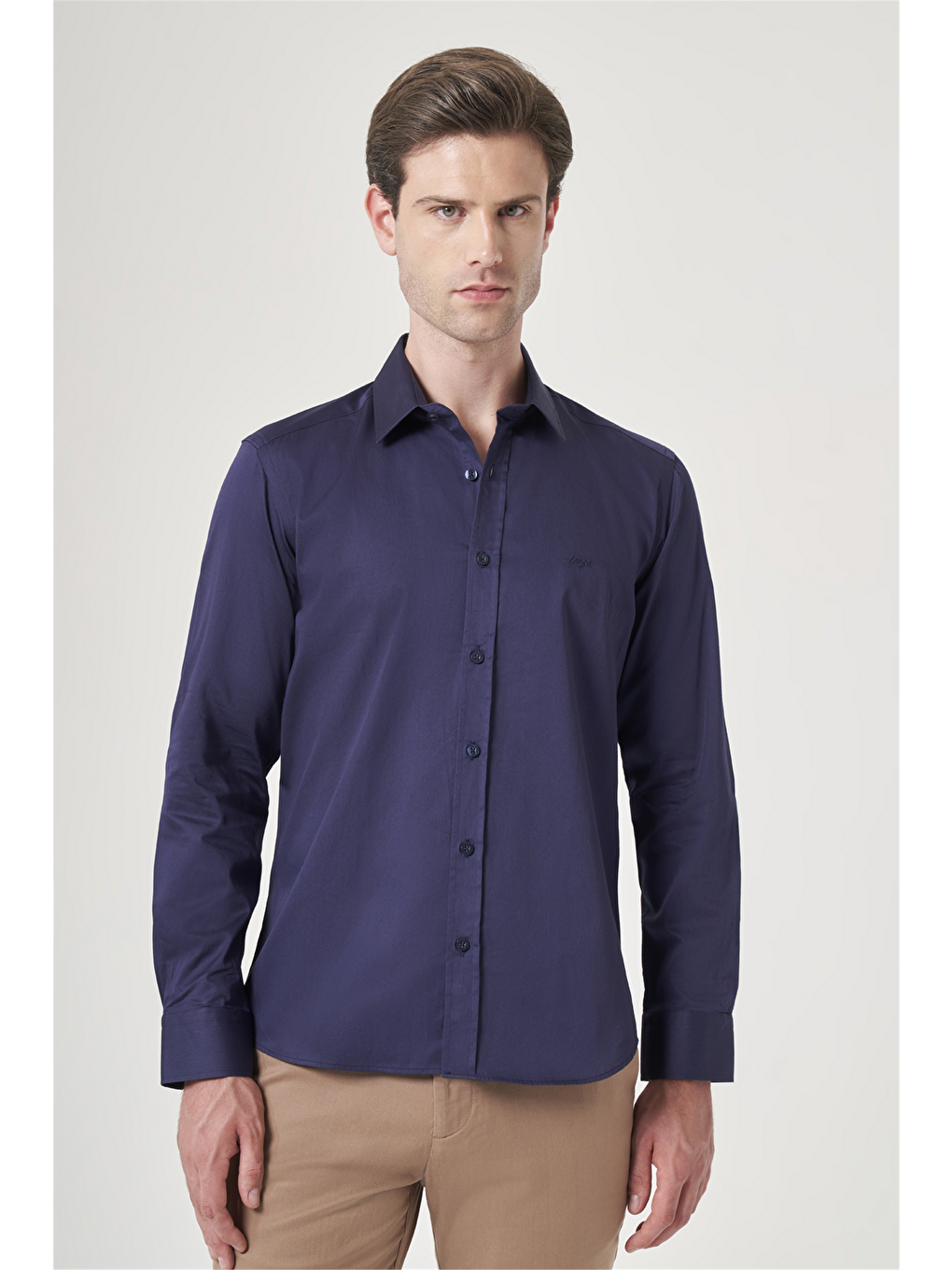 Lacivert Sert Yaka Uzun Kol Cepsiz Saten Slim Fit %100 Pamuk Gömlek 1004260424