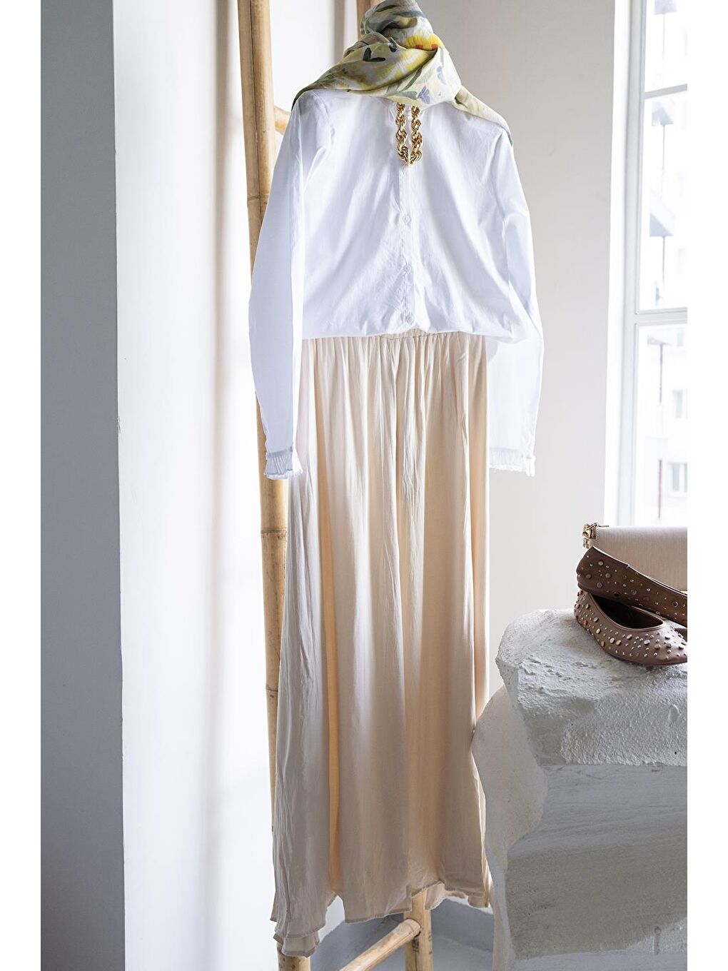 Ekru-Kraşlı Lastikli Basic Etek-6