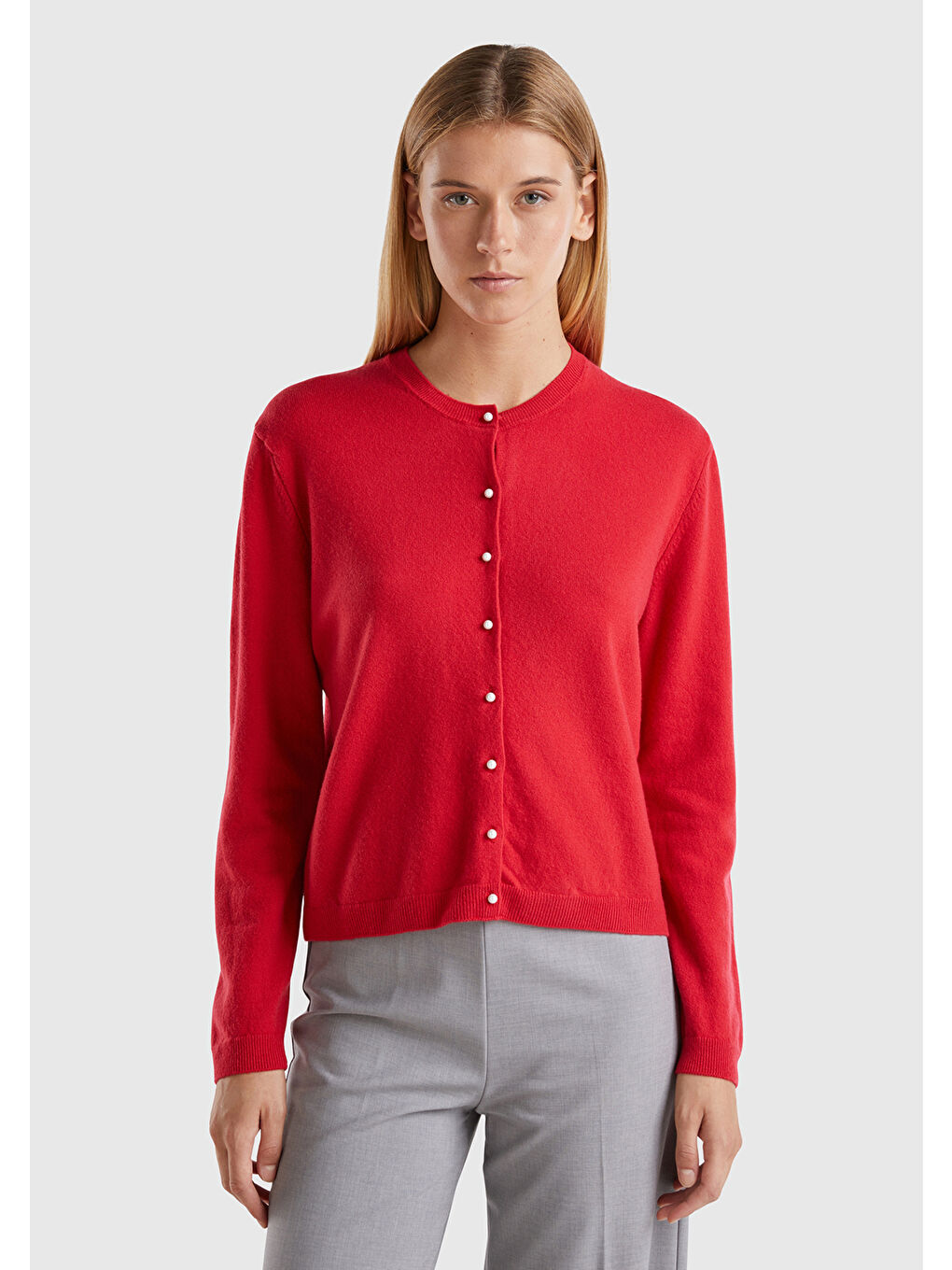 Kırmızı Kadın Vişne Bisiklet Yaka %İnci Düğmeli Merino Hırka