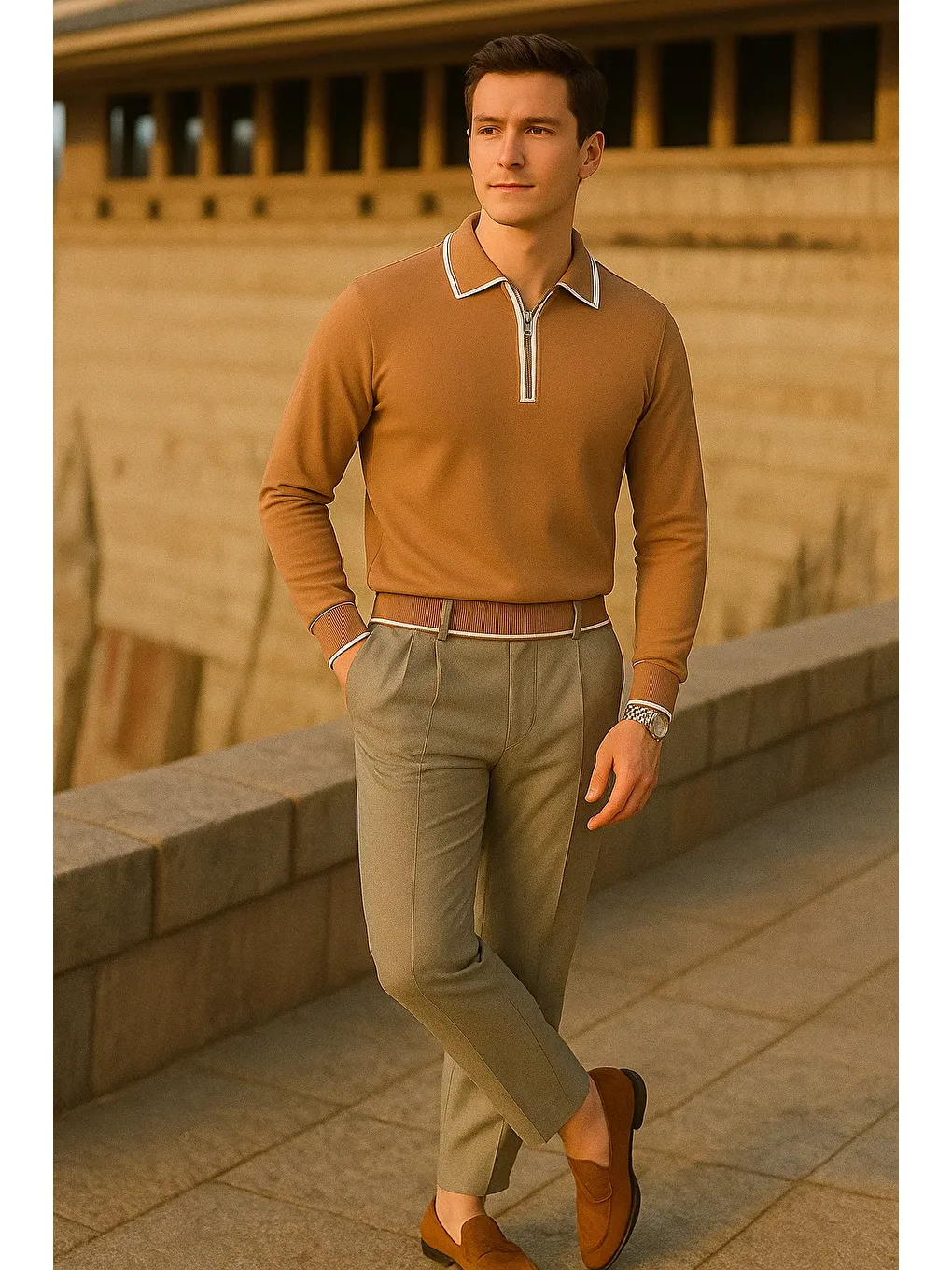 Kahverengi Erkek Çizgili Trend Uzun Kollu Kahve Polo Yaka Kazak-3