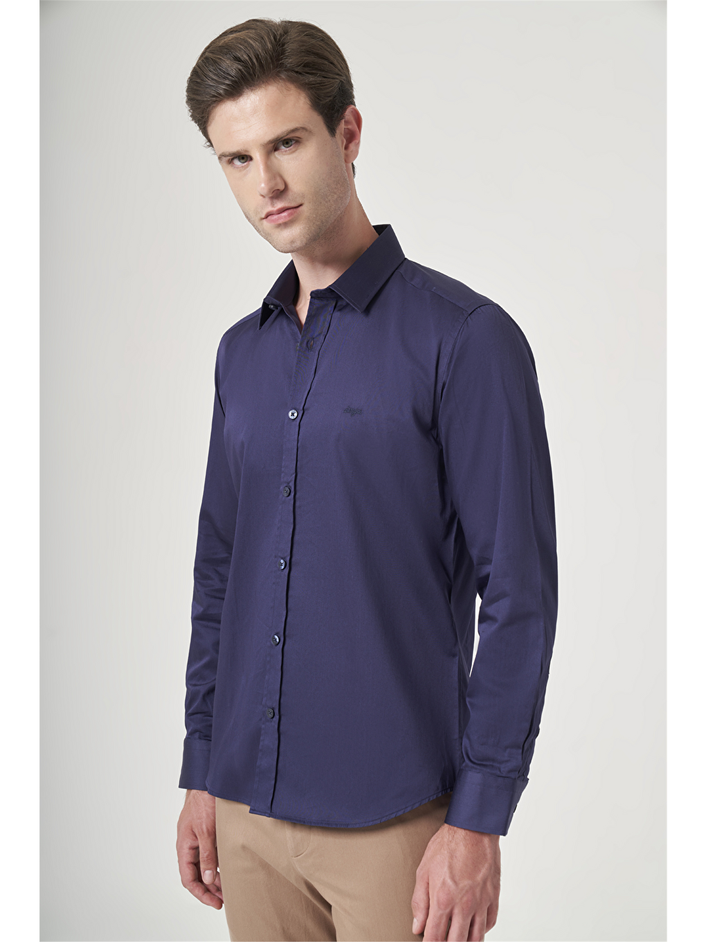 Lacivert Sert Yaka Uzun Kol Cepsiz Saten Slim Fit %100 Pamuk Gömlek 1004260424-2